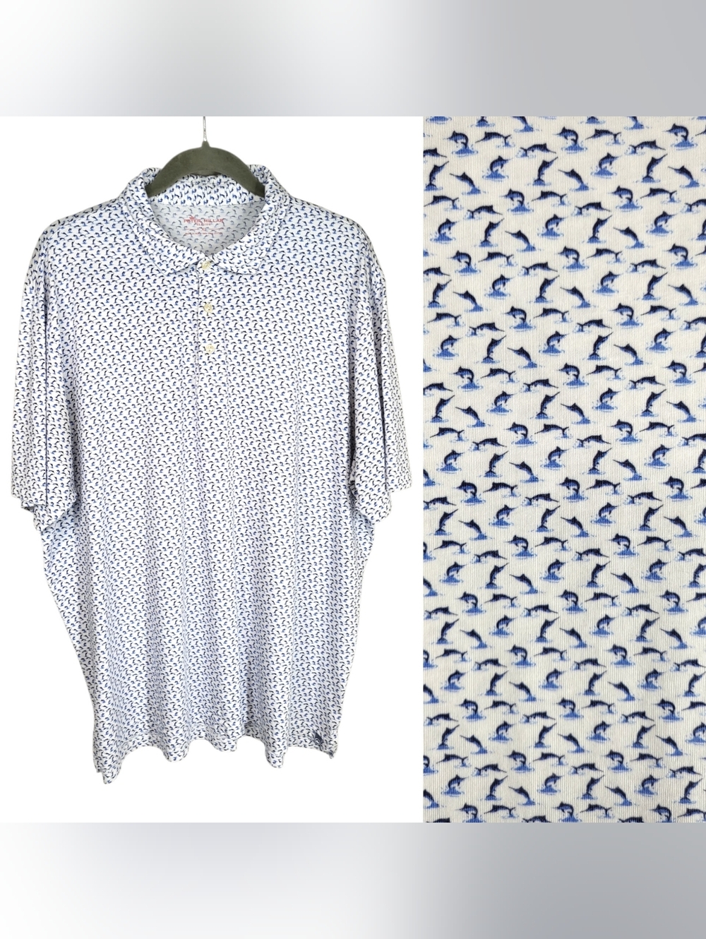 Peter Miller Seaside Marlin Polo Shirt White/Blue Fish Print Pima Cotton Peru XL
